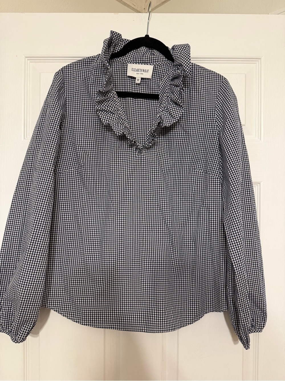 Elizabeth McKay Navy & White Gingham Ruffle V-Neck Blouse
